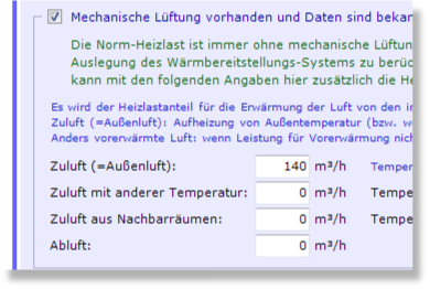 Ausschnitt eines Screenshots von der Eingabe einer mechanischen Lüftung in Heizlast Austria PokornyTec Heizlast Austria: Berechnung mit mechanischer Lüftung möglich